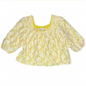 Anthropologie Puff Sleeve Yellow Textured Patterned Spring Blouse XL